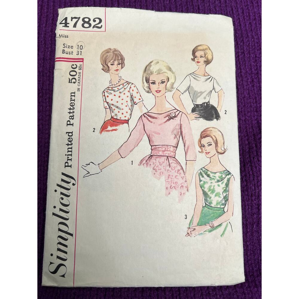 Simplicity Sewing Pattern 4782  blouse boat neck 1960s size 10